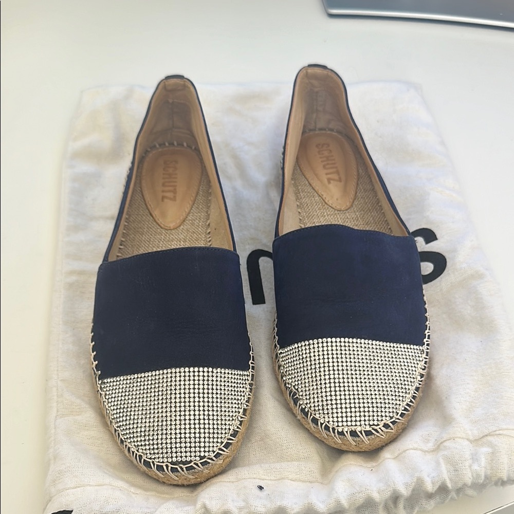 Schutz Navy and White Espadrille Flats